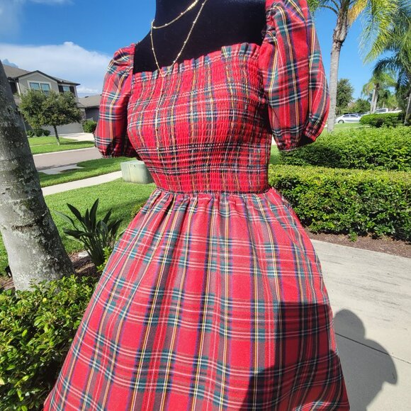 Vintage Vibes Red Plaid Puff Sleeve Dress | Altered State | Cottagecore Dream - Picture 3 of 6